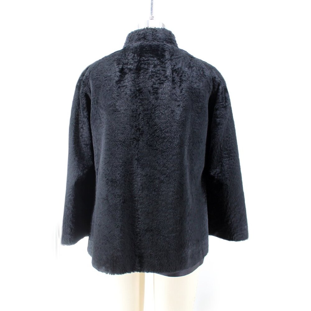 VTG 50s 60s Faux Fur Jacket Black Belted Satin Lined Stand Collar Swing Coat M - Picture 5 of 16